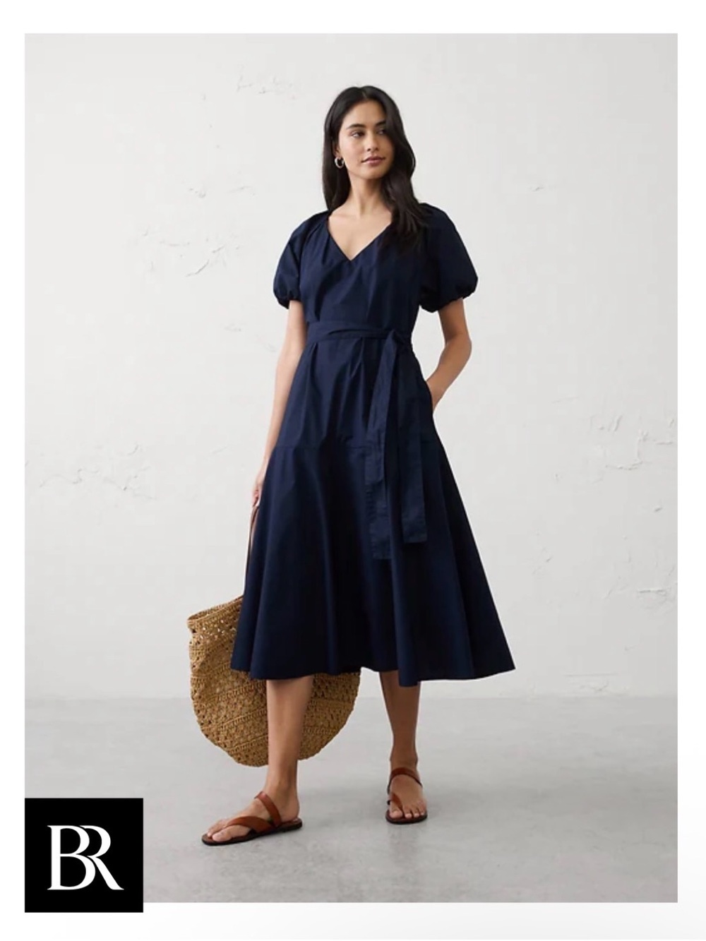 Banana Republic Navy Puff-Sleeve Midi Dress with Tie Waist